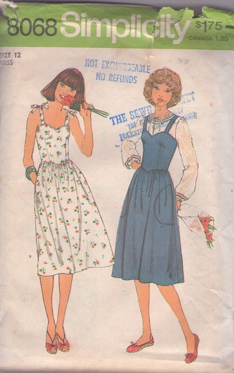 Simplicity 8068 Vintage 70's Sewing Pattern Sweetheart Sun Dress, Cottagecore Jumper, Straps, Large Pockets Size 12