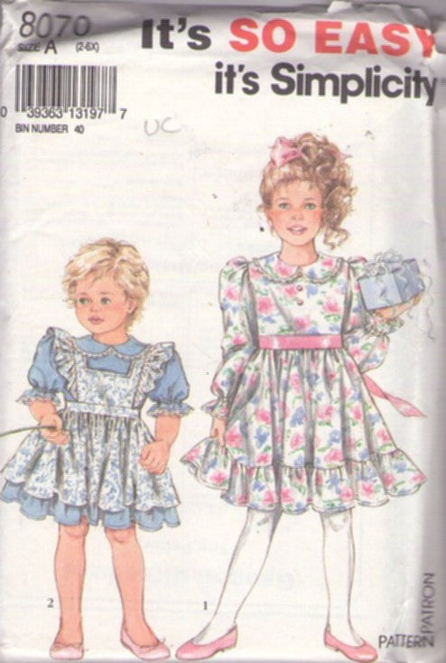 Simplicity 8070 Vintage 90's Sewing Pattern Girl's Dress & Pinafore Set, It's So Easy, Fancy Ruffled Peter Pan Collar Garden Party Dress, Cottagecore Pinafore Apron Size 2-6X