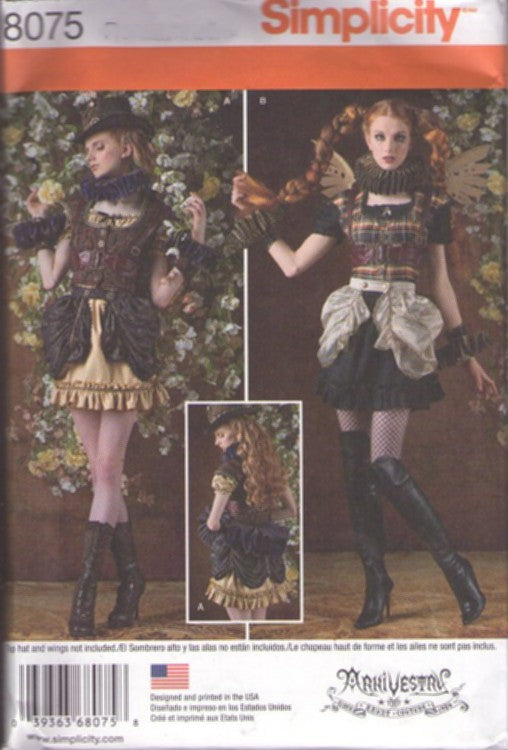 Simplicity 8075 Retro 2016 Sewing Pattern Cosplay Costumes, Goth Arkivestry Haunt Couture, Steampunk Mini Skirt Dress, Bustle, Vest, Ruffles, Harness Size 14-22