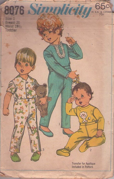 Simplicity 8076 Vintage 60's Sewing Pattern Toddler Pajamas, Snap On Pants, Shirt, Boys or Girls Size 1
