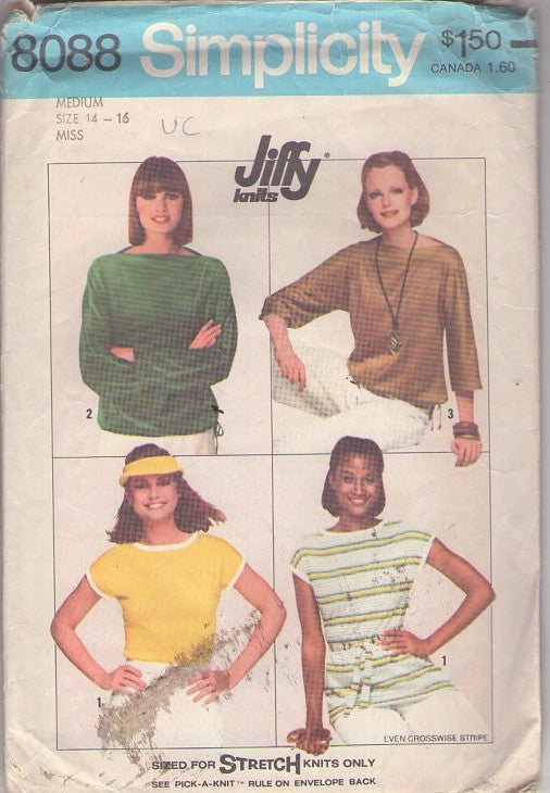 Simplicity 8088 Vintage 70's Sewing Pattern Knit Tops, That 70s Show Disco Jiffy Knits, Bateau Neck Cap Sleeve Top, Velour Shirt, Tennis Blouse Set Size M 14-16