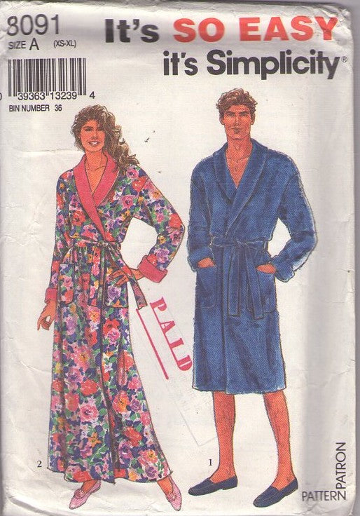 Simplicity 8091 Vintage 90's Sewing Pattern His & Hers Easy Robes, Shawl Collar Bathrobe, Dressing Gown Size XS-XL