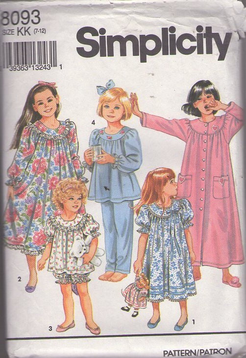 Simplicity 8093 Vintage 90's Sewing Pattern Girl's Gowns, Modest Full Flared Victorian Style Nightgown, Dressing Gown, Short or Long Pajamas, Robe, Bloomers Panties Size 7-10
