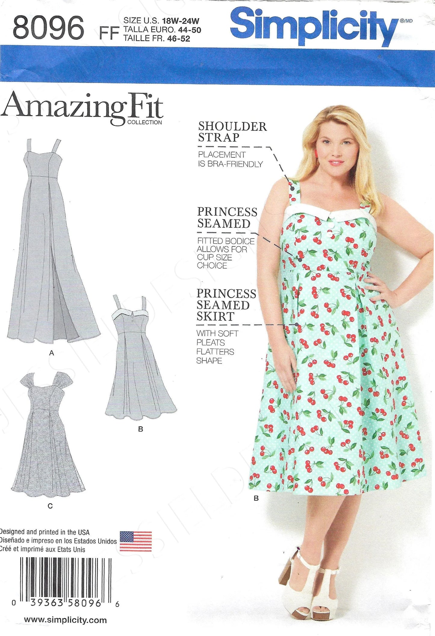 Simplicity 8096 Retro 2016 Sewing Pattern Amazing Fit Princess Seams Summer Dress, Formal Maxi Gown, Rockabilly Styles Size 18W-24W