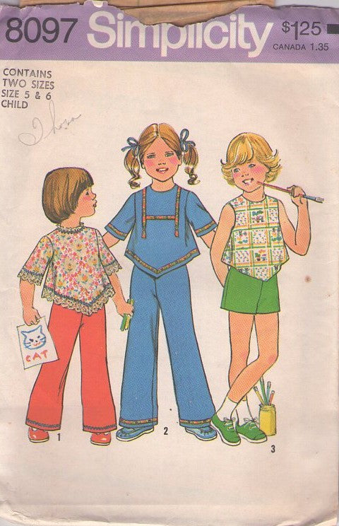 Simplicity 8097 Vintage 70's Sewing Pattern Girl's Separates, Easy to Sew, Hippie Brady Bunch Era Pointed Handkerchief Hem Top, Shirt, Shorts & Pants with Trim Size 5-6