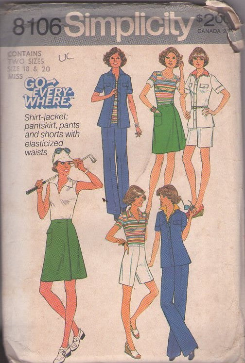 Simplicity 8106 Vintage 70's Sewing Pattern Go Everywhere Sports Separates, Blouse, Top, Golf Skirt, Shorts, Pants, Shirt Jacket Size 18-20