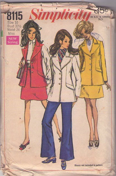 Simplicity 8115 Vintage 60's Sewing Pattern Mod Separates, WIDE Lapels Fitted Vest or Blazer Suit Jacket, A-Line Skirt, Flared Bell Pants Size 10