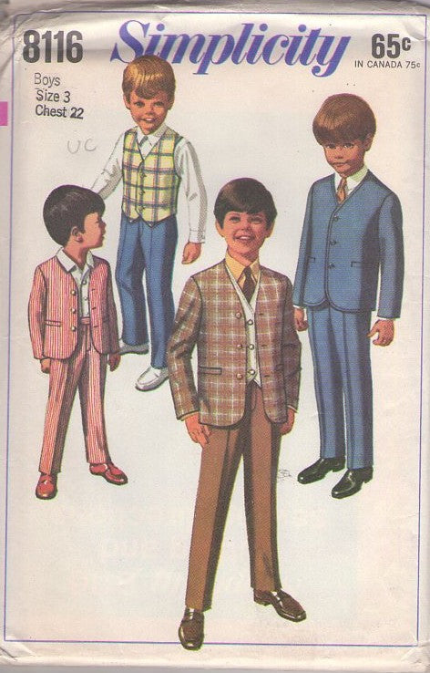 Simplicity 8116 Vintage 60's Sewing Pattern Boys' Beatles Suit, Costume, Little Modster Mod Suit Jacket, Trousers, Reversible Vest Size 3