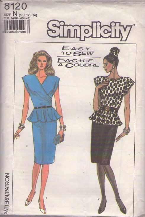 Simplicity 8120 Vintage 80's Sewing Pattern Cocktail Dresses,  Easy To Sew Boxy Cap Sleeve Surplice or Fitted Peplum Skirted Straight Skirt Office Party Dress Size 10-14