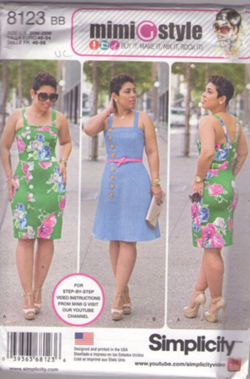 Simplicity 8123 Retro 2016 Sewing Pattern Full Figure Dress Set, Mimi G Style Plus Size Summer Sundress, Sheath or A-Line Skirt Sun Dress 2 Styles Size 20W-28W