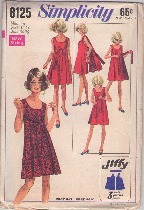 Simplicity 8125 Vintage 60's Sewing Pattern Mod Wrap Dress, Easy Jiffy, 3 Main Pieces Twiggy Mod Wrap Around & Tie REVERSIBLE Summer Dress Size M