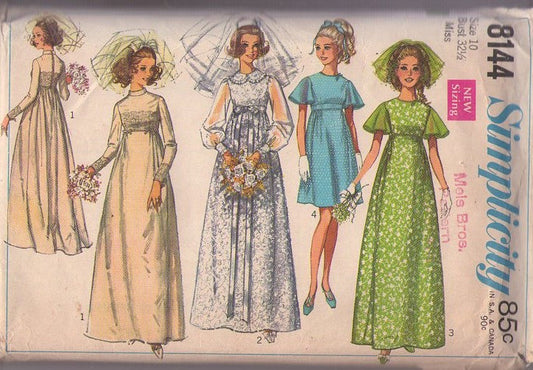 Simplicity 8144 Vintage 60's Sewing Pattern Mod Wedding Gowns, Applique Lace or Lacy Wedding Gown, Bridal Dress, Flutter Sleeve Twiggy Party Styles Size 10