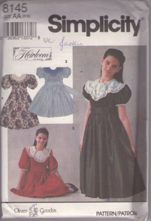 Simplicity 8145 Vintage 90's Sewing Pattern Girl's Dress Set, Designer Oliver Goodin Heirloom Modest Farmcore Cottagecore Puff Sleeve Party Dress, Lace Collar, Tie Back, 4 Styles Size 7-10