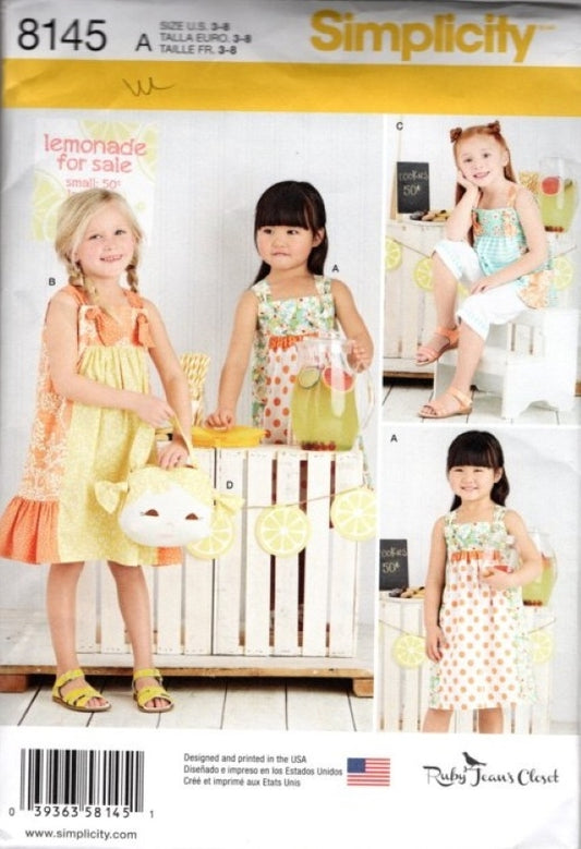 Simplicity 8145 Retro 2016 Sewing Pattern Girls' Summer Sun Dress, Pantaloons Leggings, Purse, Ruby Jean's Closet Designs, Cottagecore Size 3-8