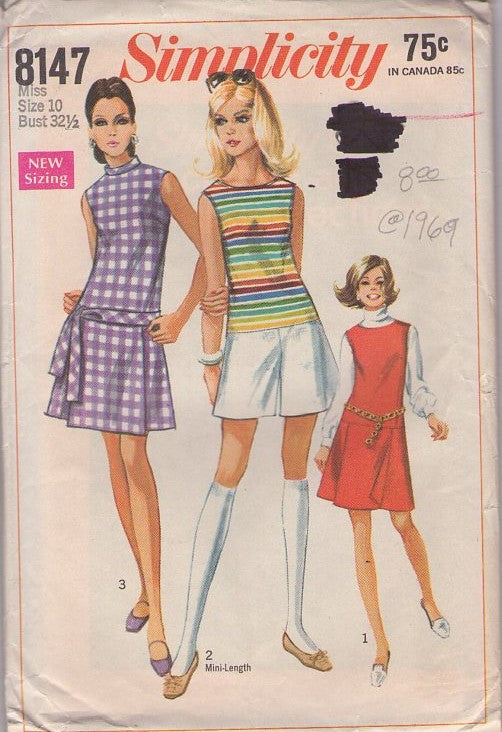 Simplicity 8147 Vintage 60's Sewing Pattern Twiggy Pantdress Set, Mod Flip Front Scooter Skirt Romper Dress, Culottes Dress, Modest Panel Summer Dress Size 10