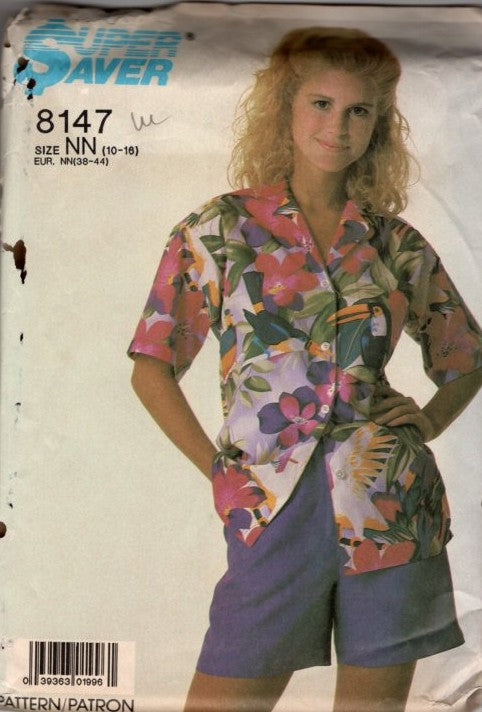 Simplicity 8147 Vintage 80's Sewing Pattern Super Saver Button Up Blouse, Mid Thigh Shorts Size 10-16
