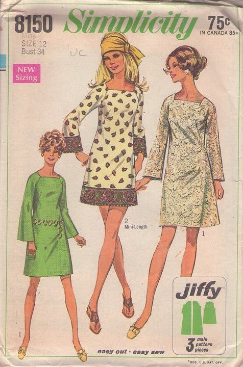 Simplicity 8150 Vintage 60's Sewing Pattern Mod Dresses, Easy Jiffy Square Neck Raglan Bell Sleeve Mini or Short Day Dress 2 Styles Size 12