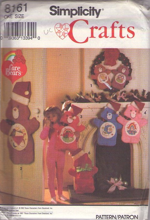 Simplicity 8161 Vintage 90's Sewing Pattern Official Care Bears Christmas Stocking, Stuffed Animal, Card Holder, Wreath Varied Sizes