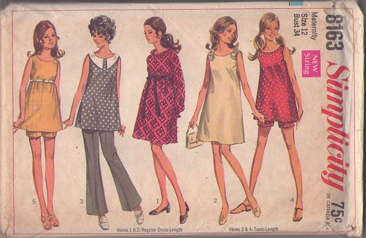Simplicity 8163 Vintage 60's Sewing Pattern Mod Separates, Mod Tent Top Blouse, Dress, Bell Bottom Flared Pants or Shorts with Panel Size 10
