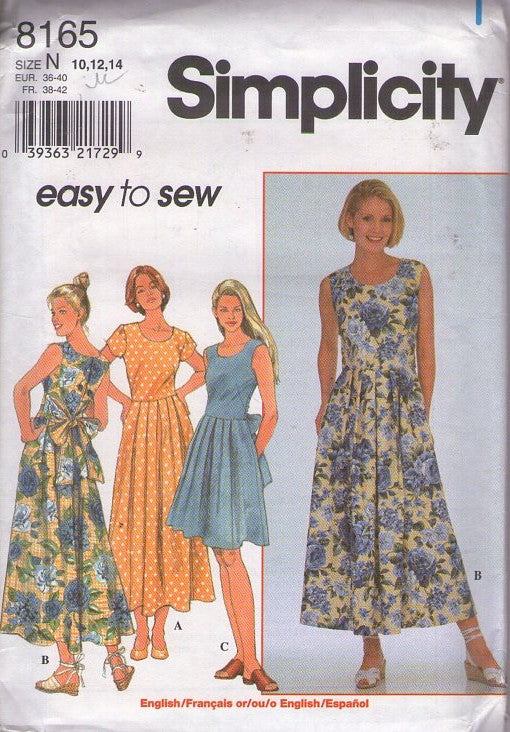 Simplicity 8165 Retro 90's Sewing Pattern Easy Summer Dress, Modest, Cottagecore, Big Bow Back, 3 Styles Size 10-14