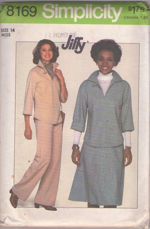 Simplicity 8169 Vintage 70's Sewing Pattern Casual Separates, Mix & Match, Jiffy Wing Flip Collar Blouse, Top, Pants, A-Line Skirt Size 14