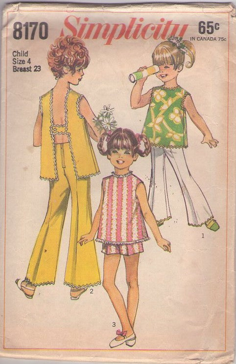 Simplicity 8170 Vintage 60's Sewing Pattern Girl's Separates, H Strap Back Summer Apron Top, Bell Bottoms Pants, Shorts Size 4
