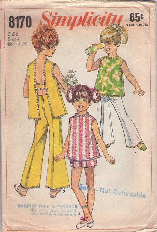 Simplicity 8170 Vintage 60's Sewing Pattern Teen Girl's Separates, H Strap Back Summer Apron Top, Bell Bottoms Pants, Shorts Size 12