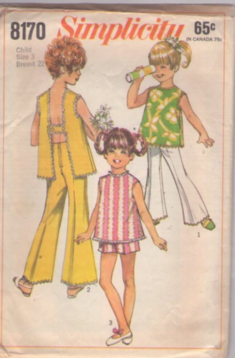 Simplicity 8170 Vintage 60's Sewing Pattern Teen Girl's Separates, H Strap Back Summer Apron Top, Bell Bottoms Pants, Shorts Size 3