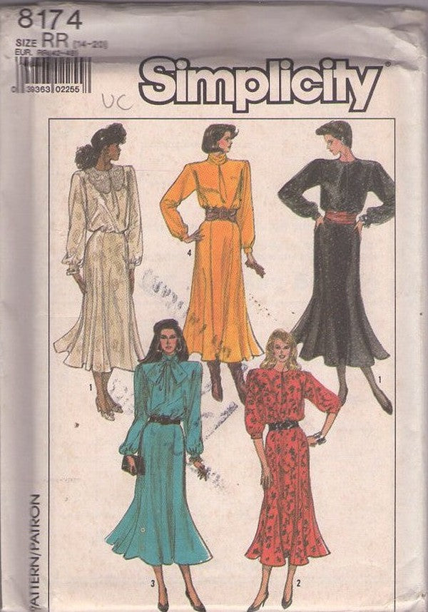Simplicity 8174 Vintage 80's Sewing Pattern Tulip Fluted Hem Dress, Evening, Cocktail Party Styles Size 14-20
