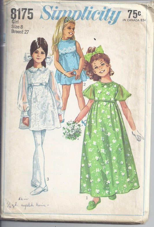 Simplicity 8175 Vintage 60's Sewing Pattern Teen Girl's Gowns, Sheer or Flutter Sleeve High Waist Flower Girl Dress, Maxi Party Gown, 3 Styles Size 14