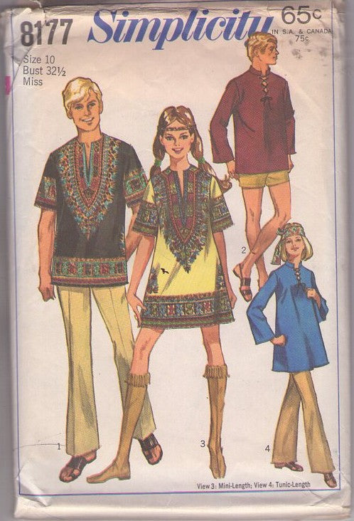 Simplicity 8177 Vintage 60's Sewing Pattern Hippie Shirts, Bohemian Mod Mini Dashiki Tunic Top Blouse, Micro Mini Festival Dress 2 Styles Size 10