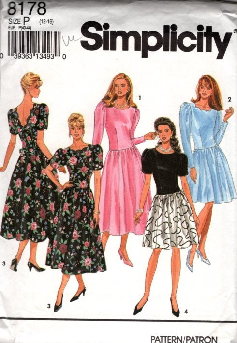 Simplicity 8178 Vintage 90's Sewing Pattern Cottagecore Cocktail Gown, Garden Party Dress Set, 4 Styles Size 12-16