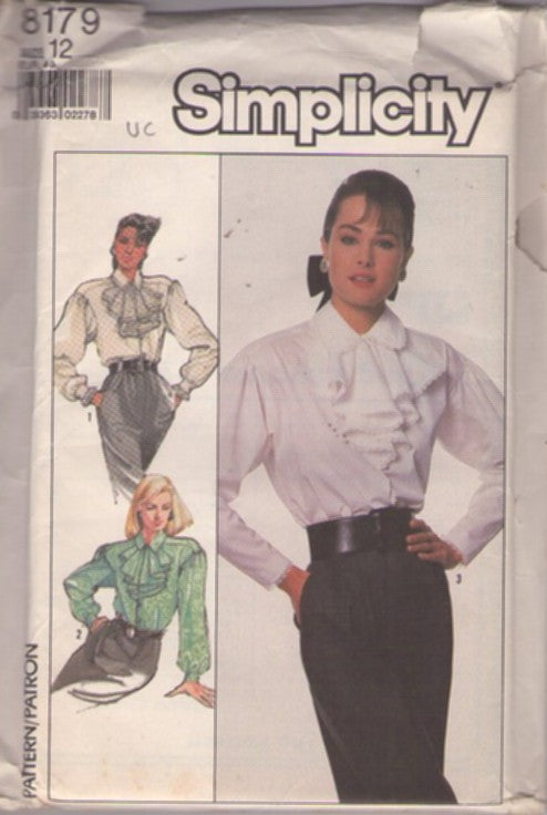 Simplicity 8179 Vintage 80's Sewing Pattern Formal Blouses, Ruffled Ascot Front, Secretary, Pirate, Steampunk Look Blouse Set 3 Styles Size 12