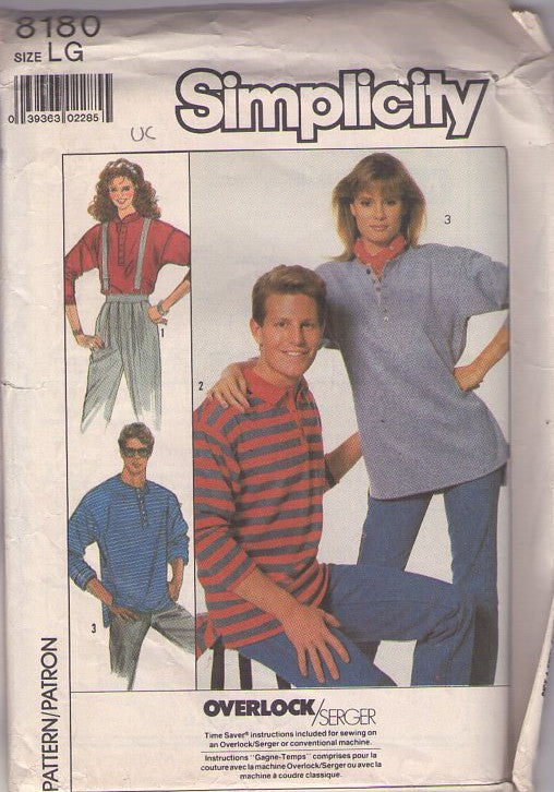 Simplicity 8180 Vintage 80's Sewing Pattern Men's', Boys', Ladies' Pullover Rugby Style Shirt, Top, 3 Styles, Brat Pack His or Hers Size L