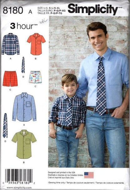 Simplicity 8180 Retro 2016 Sewing Pattern Men and Boys' Easy 3 Hour Dress Shirt Set, Boxer Shorts, Necktie Ties Size S-L and X-XL