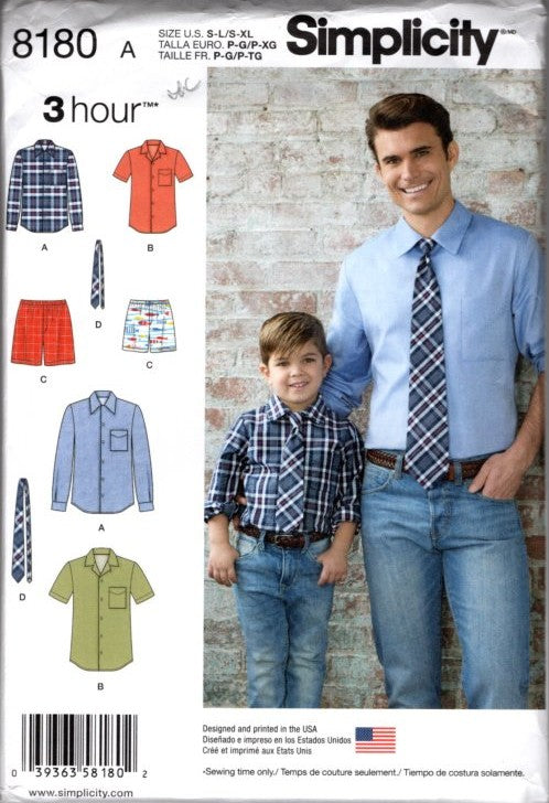 Simplicity 8180 Retro 2016 Sewing Pattern Men and Boys' Easy 3 Hour Dress Shirt Set, Boxer Shorts, Necktie Ties Size S-L and X-XL