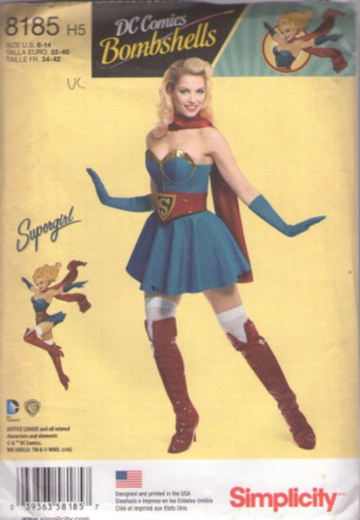 Simplicity 8185 Retro 2016 Sewing Pattern Cosplay Costumes, DC Comics Bombshells Supergirl Super Girl Strapless Pinup Bandeau Corset Style Top, Mini Skirt, Cape, Panties, Boot Covers Size 6-14