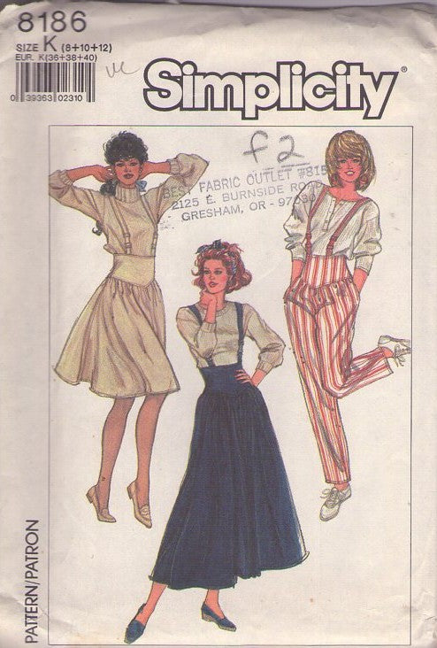 Simplicity 8186 Vintage 80's Sewing Pattern Suspender Skirts, Pants, Brat Pack Looks, High Waist, Cinched Waist Yoke, Mini & Midi Flared Skirt, Pleated Pants Size 8-12