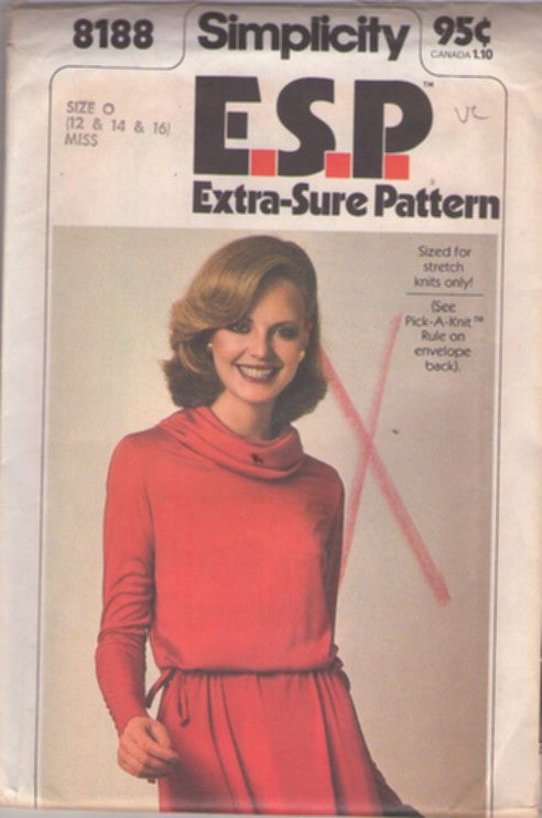 Simplicity 8188 Vintage 70's Sewing Pattern Cowl Neck Dress, Blouson, Drawstring Waist Size 12-16