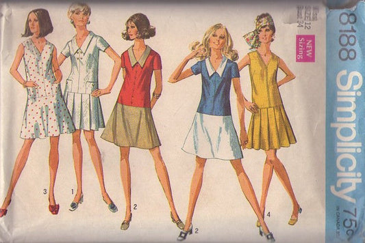 Simplicity 8188 Vintage 60's Sewing Pattern Mod Dress Set, Drop Waist, Mix & Match Bodice & Skirt, Secretary Twiggy Dress, 4 Styles Size 12