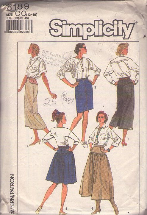 Simplicity 8189 Vintage 80's Sewing Pattern New Wave Skirts, Brat Pack Hip Yoked Slim Denim, Midi, Flared Skirt Set 5 Styles Size 12-18 CUT