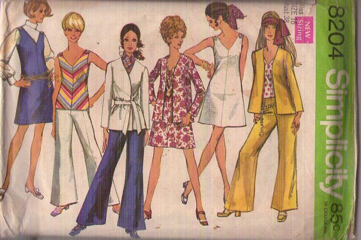 Simplicity 8204 Vintage 60's Sewing Pattern Hip Hugger Pantsuit, Dress, Top, Jacket, Shoulder Buttons Tank, Bell Bottoms Pants Size 16