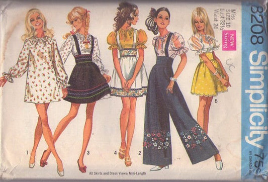 Simplicity 8208 Vintage 60's Sewing Pattern Mod Oktoberfest Sack Dress, Peasant Blouse Top, Wide Waist Suspender Skirt, Jumpsuit Pants, Trim Size 10