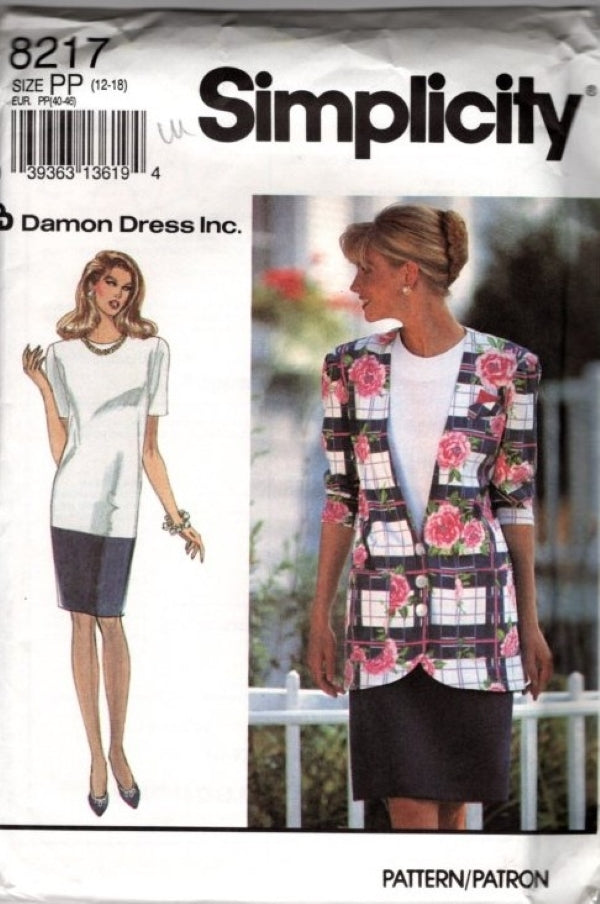 Simplicity 8217 Vintage 90's Sewing Pattern Damon Dress Ince Drop Waist Sheath Dress, Over the Hips Long Blazer Jacket Size 12-18