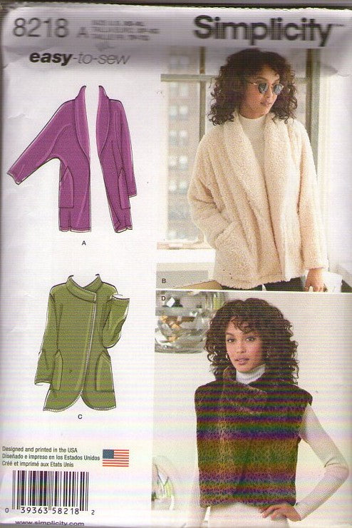 Simplicity 8218 Retro 2016 Sewing Pattern Coats, Jackets Set, Shawl Collar, Wrap or Clutch Styles Size XS-XL