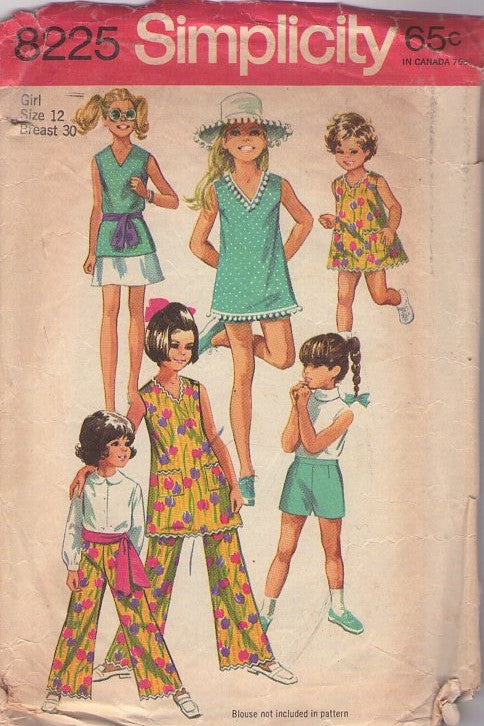Simplicity 8225 Vintage 60's Sewing Pattern Girls' Summer Separates, V Neck Mod Dress, Shorts, Bell Bottoms Pants, Skirt Size 12