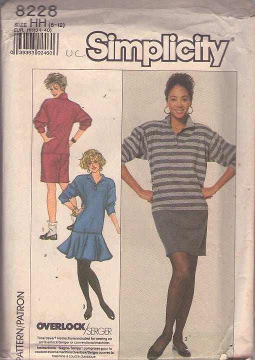 Simplicity 8228 Vintage 80's Sewing Pattern New Wave Dress, Drop Waist, 2 Tone Contrast, Buttons on Skirt or Flounce Size 6-12