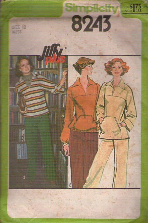 Simplicity 8243 Vintage 70's Sewing Pattern Pouch Pocket Shirt, Pants, Jiffy Plus Collared Velour Shirts, Drawstring, 3 Styles Size 12