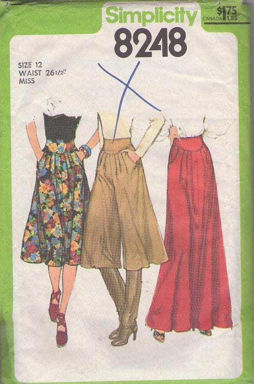 Simplicity 8248 Vintage 70's Sewing Pattern Skirts & Culottes, Pleated Gauchos, Culottes, Split Skirt, Maxi Skirt Set Size 12