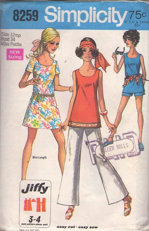 Simplicity 8259 Vintage 60's Sewing Pattern Mod Summer Set, Separates, Easy Jiffy Scoop Neck Mod Tank Top, Mini Dress, Shorts, Bell Bottoms Pants Size 12 MP